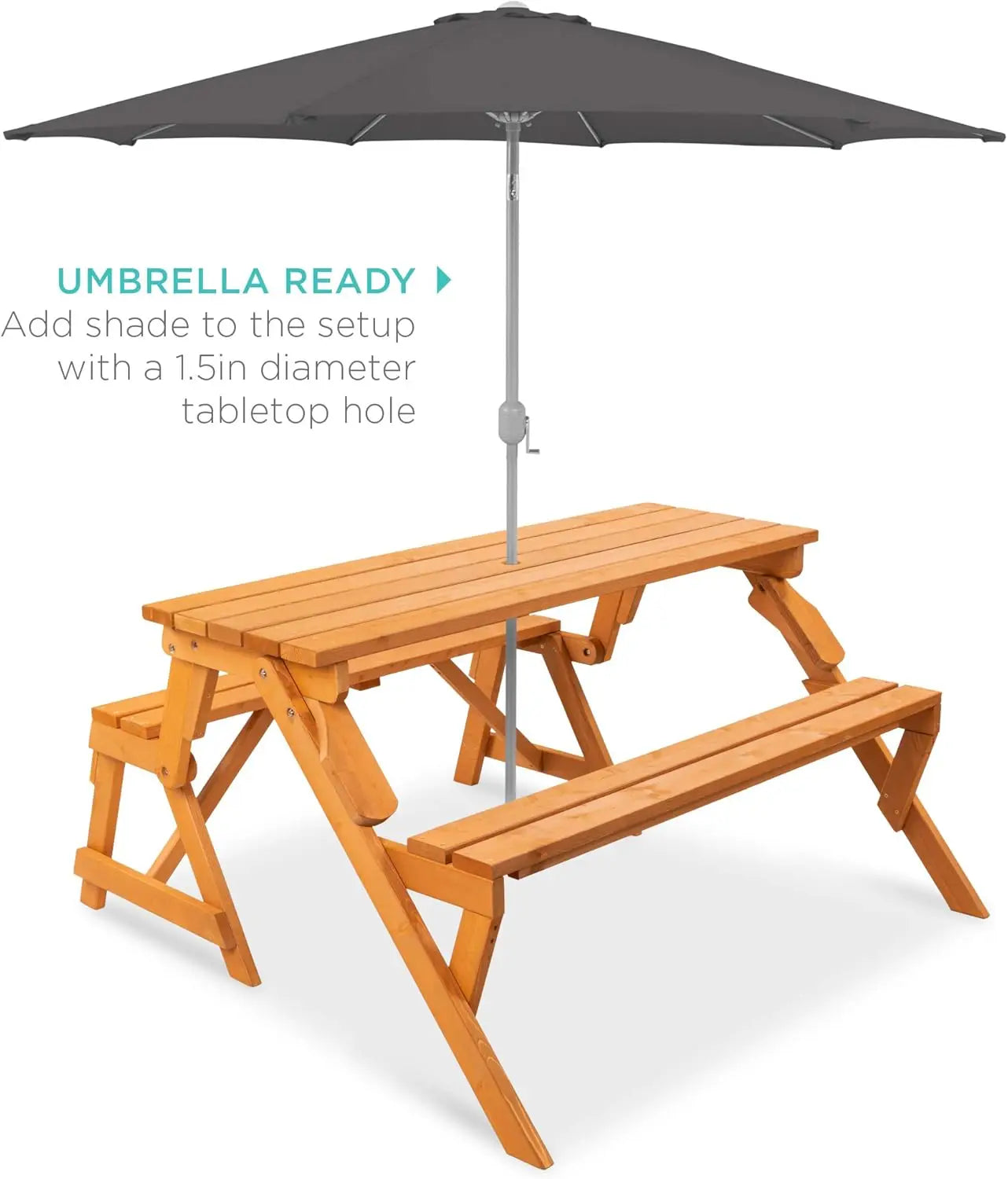 Weather-resistant wooden bench with umbrella hole