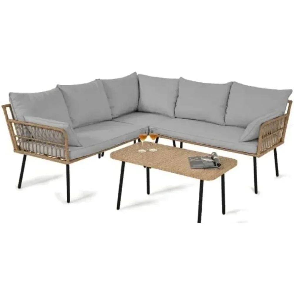 • L-shaped grey rattan outdoor sectional sofa