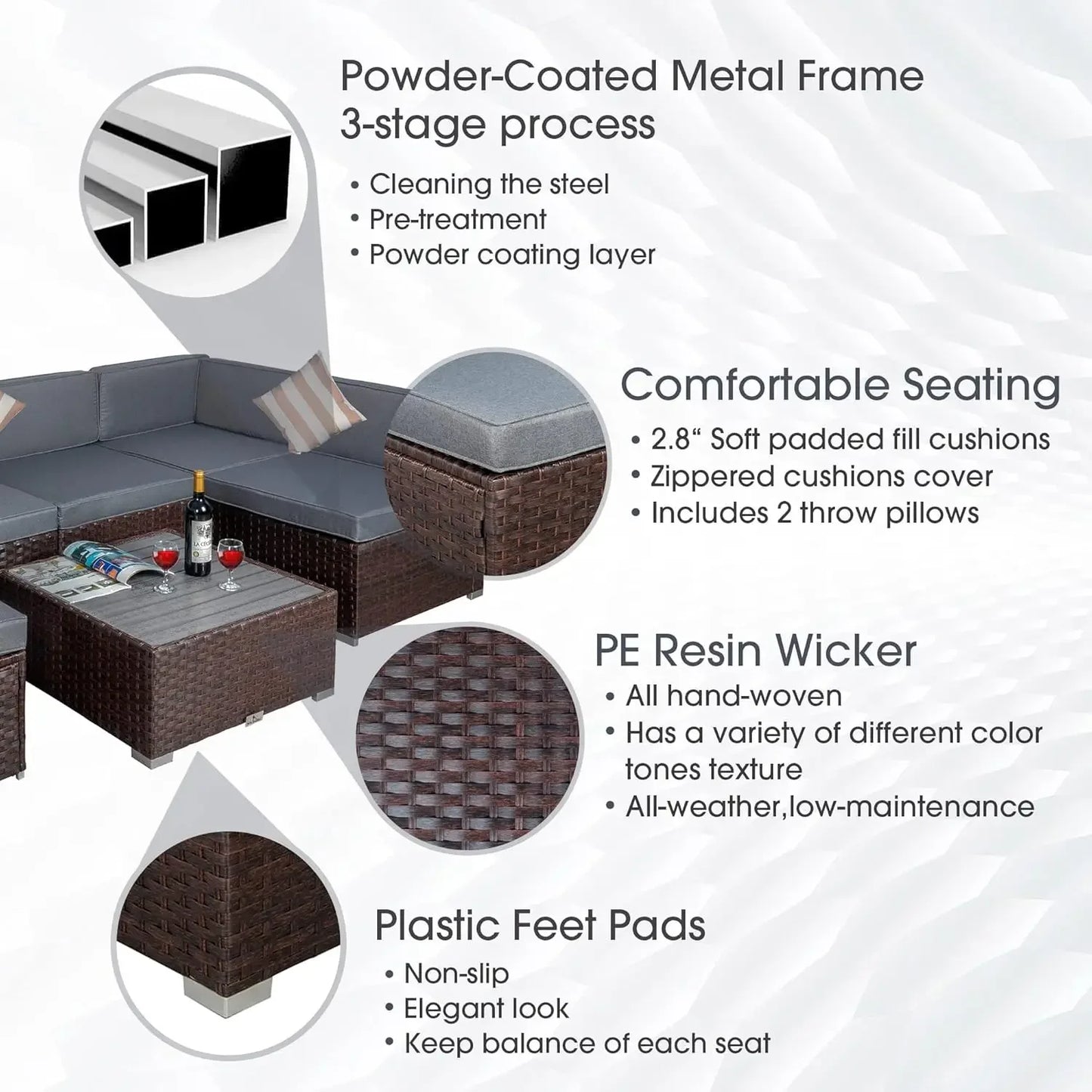 7-Piece Outdoor Patio Furniture Set with Cushions, PE Rattan Wicker Sectional Sofa