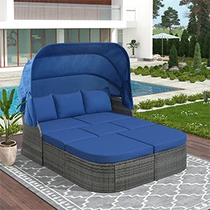 Outdoor Patio Daybed with Lift-Top Table & Retractable Canopy – Rattan Wicker Set