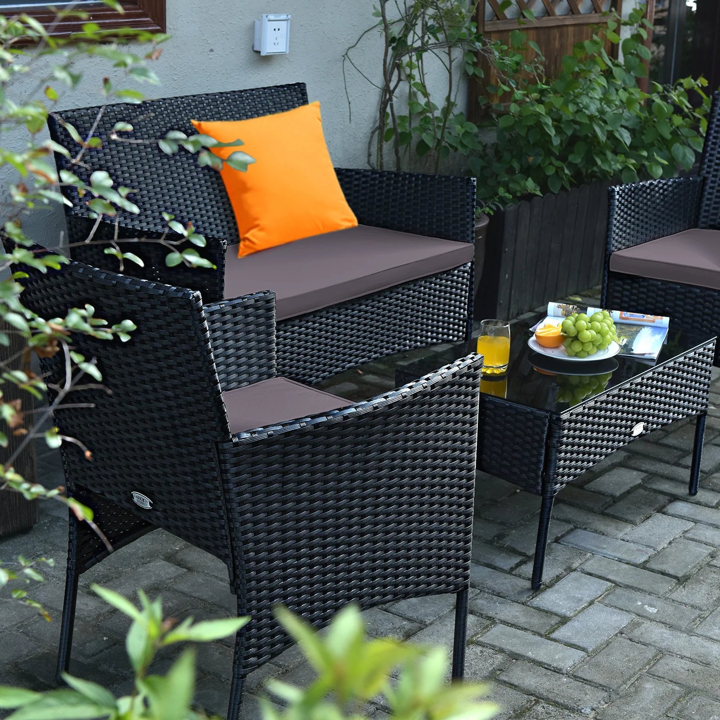 4PCS Patio Rattan Furniture Set Cushioned Sofa Coffee Table Backyard Grey