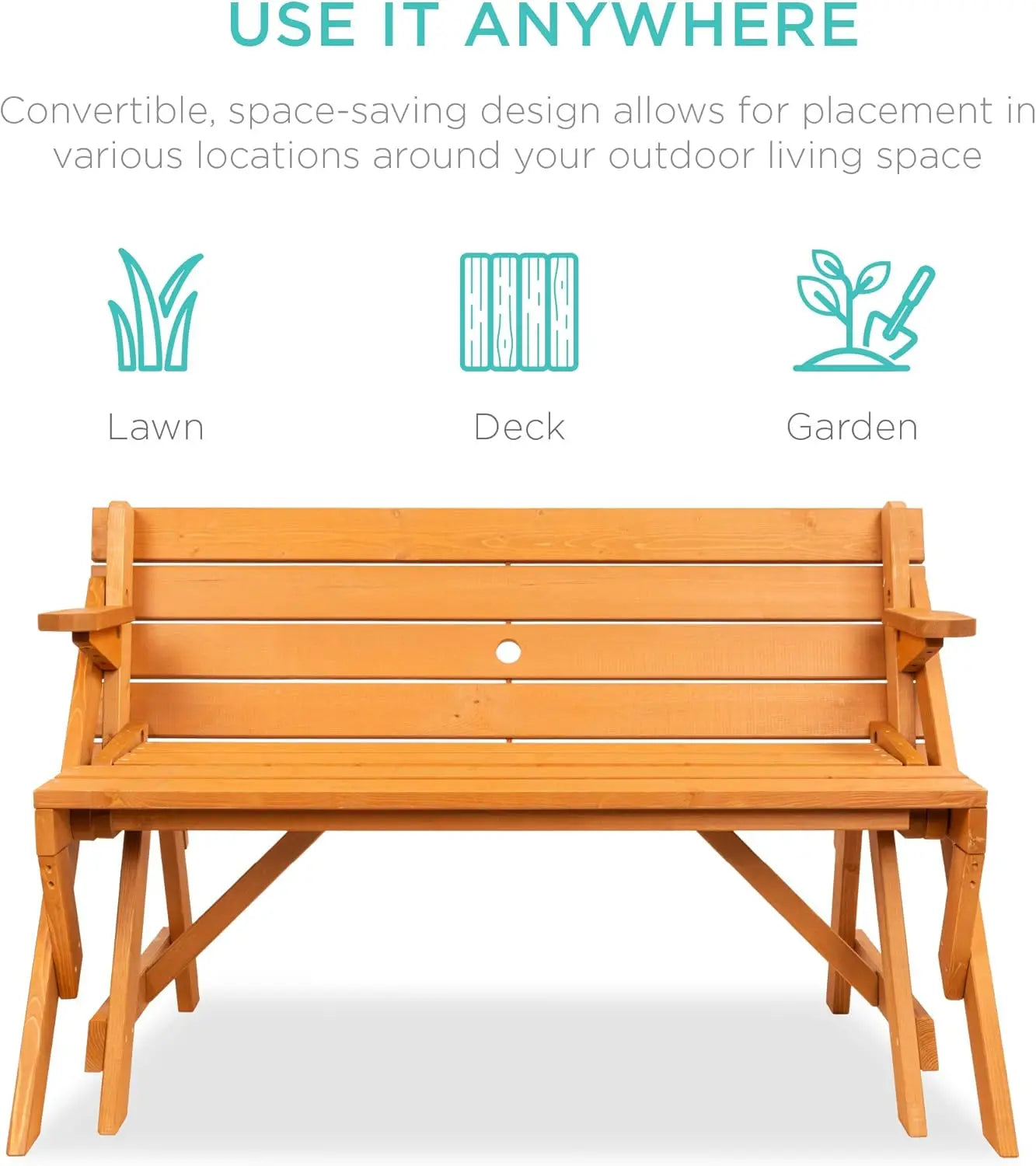 2-in-1 Transforming Outdoor Wooden Picnic Table & Garden Bench with Umbrella Hole – Natural