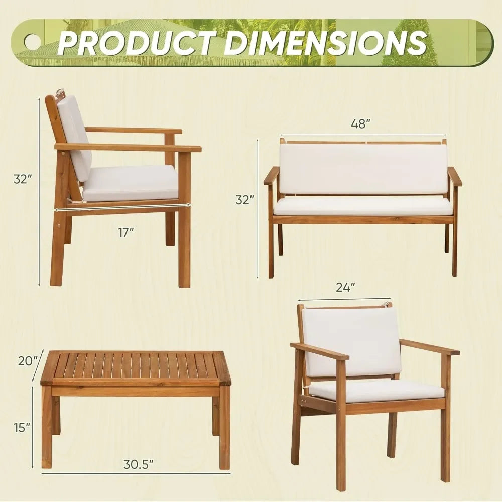 4-Piece Acacia Wood Outdoor Patio Furniture Set with Cushions & Table