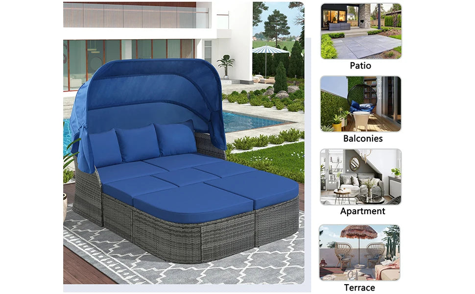 Outdoor Patio Daybed with Lift-Top Table & Retractable Canopy – Rattan Wicker Set