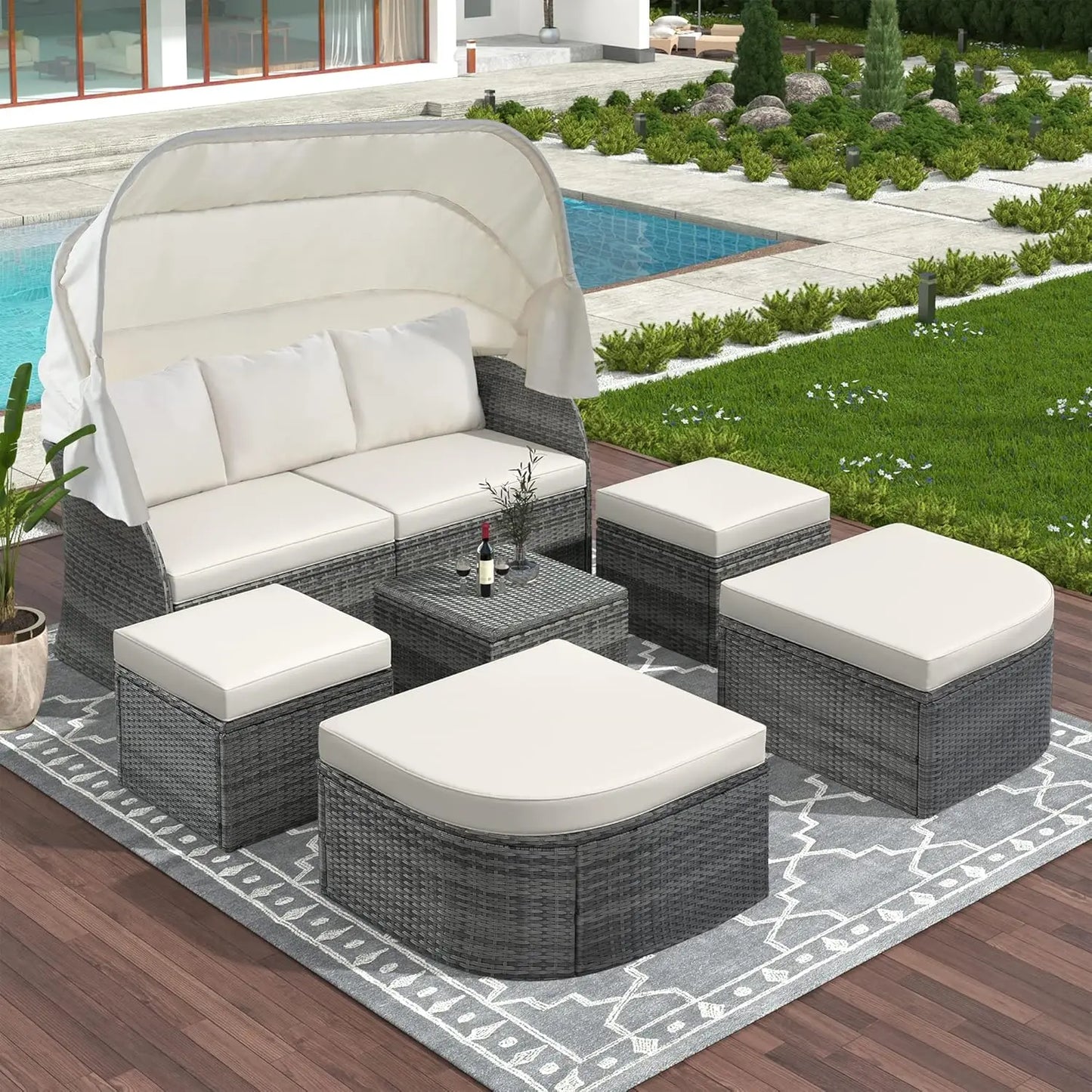Outdoor Patio Daybed with Lift-Top Table & Retractable Canopy – Rattan Wicker Set
