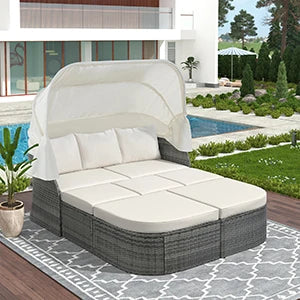 Outdoor Patio Daybed with Lift-Top Table & Retractable Canopy – Rattan Wicker Set