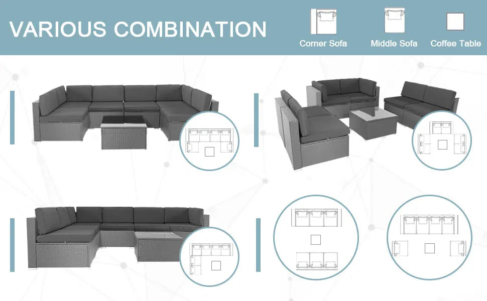 Outdoor Wicker Sofa Set – All-Weather Gray Sectional Patio Furniture
