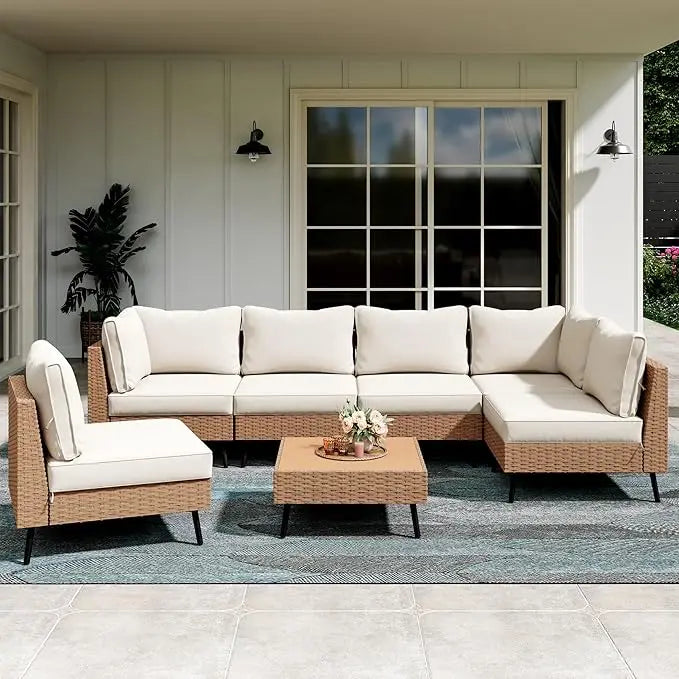 7-Piece Outdoor Sectional Sofa Set - PE Rattan Wicker, All-Weather Patio Furniture