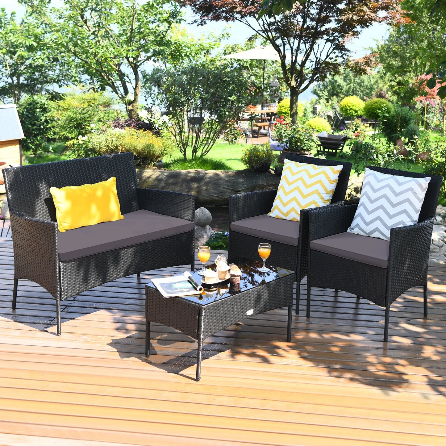 4PCS Patio Rattan Furniture Set Cushioned Sofa Coffee Table Backyard Grey