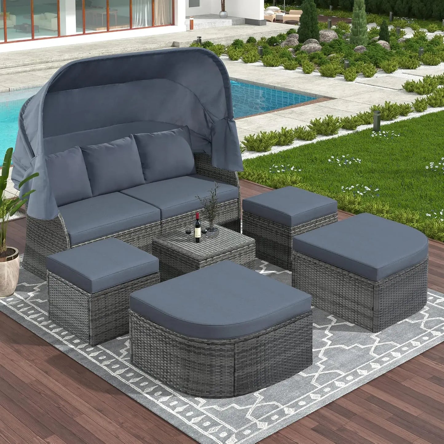 Outdoor Patio Daybed with Lift-Top Table & Retractable Canopy – Rattan Wicker Set