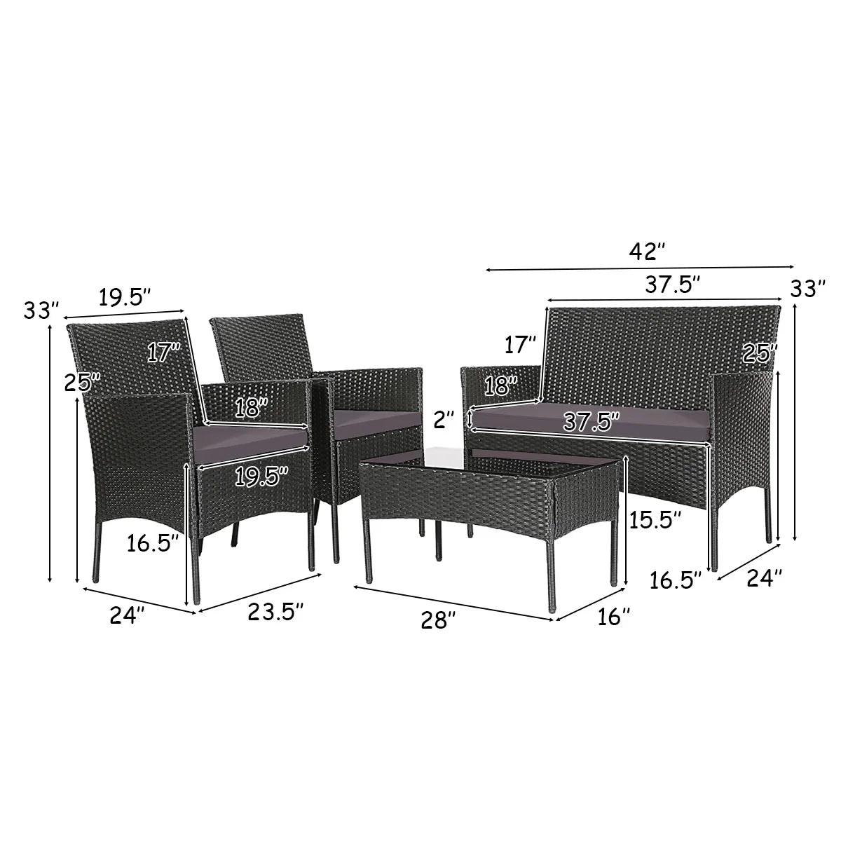 4PCS Patio Rattan Furniture Set Cushioned Sofa Coffee Table Backyard Grey