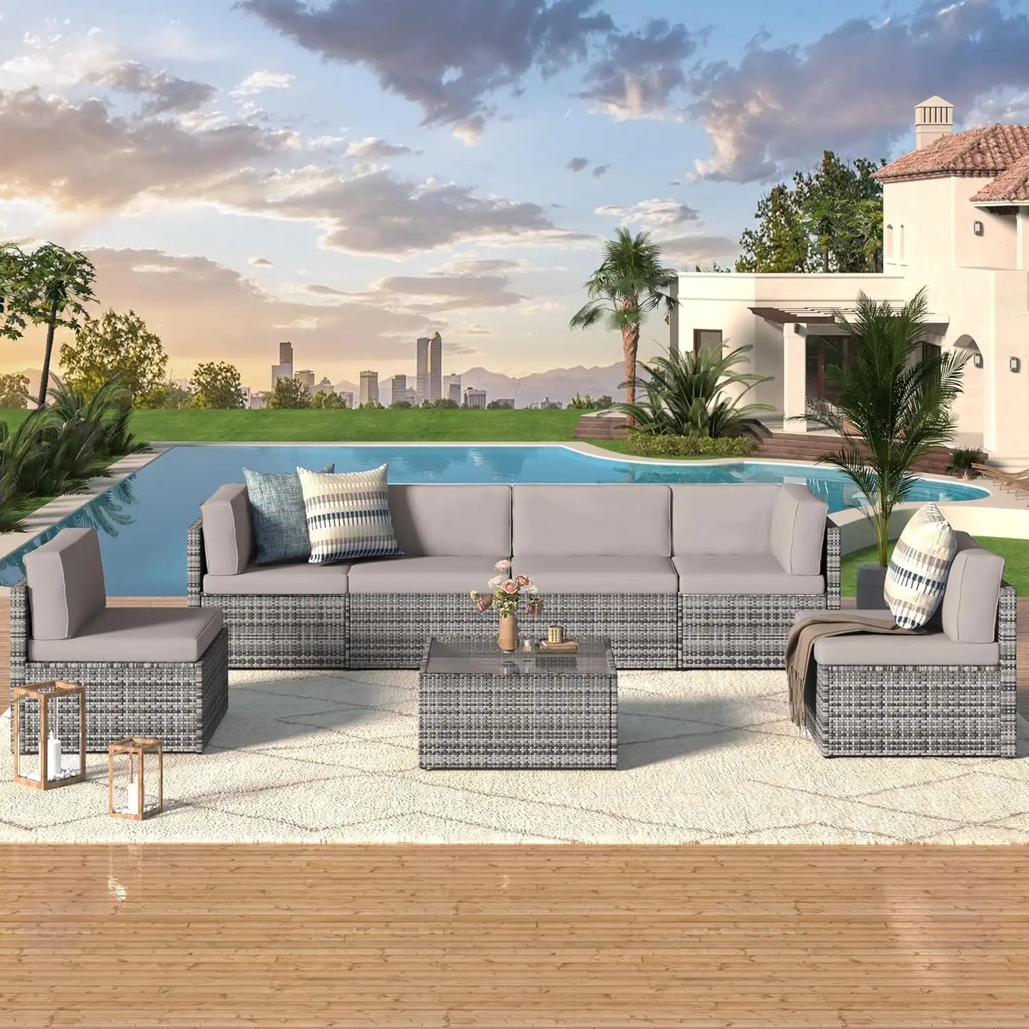 5-Piece Outdoor Sectional Furniture Set with Cushions – Patio Rattan Chair Set