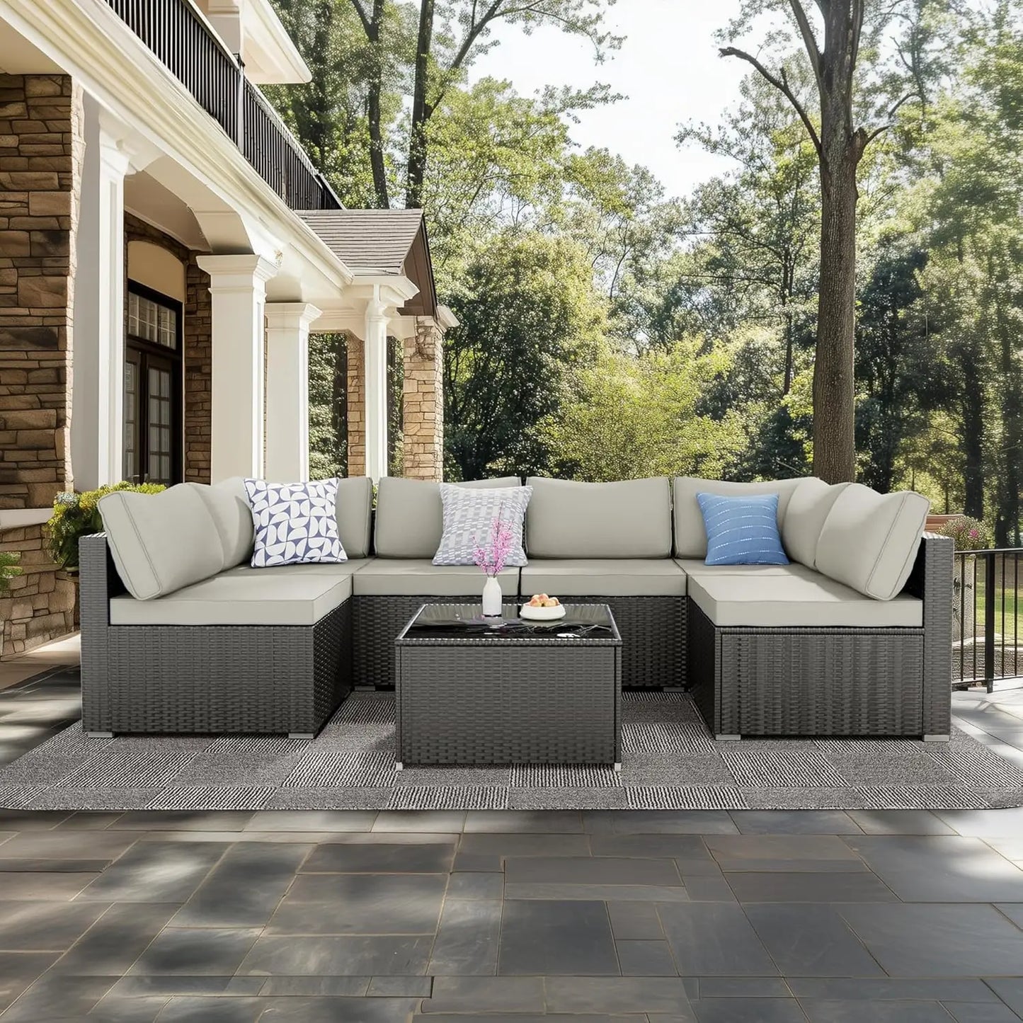 7-Piece Outdoor Wicker Patio Furniture Set with Cushions & Glass Table – ANGDUO