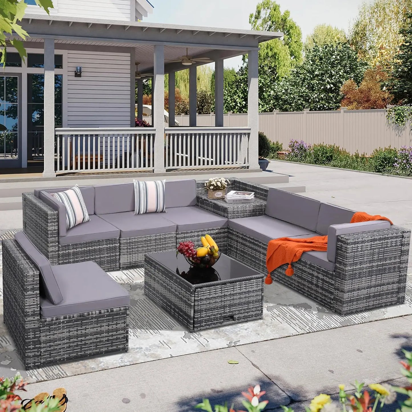 7-Piece Outdoor Wicker Patio Furniture Set with Hidden Storage & Glass Table