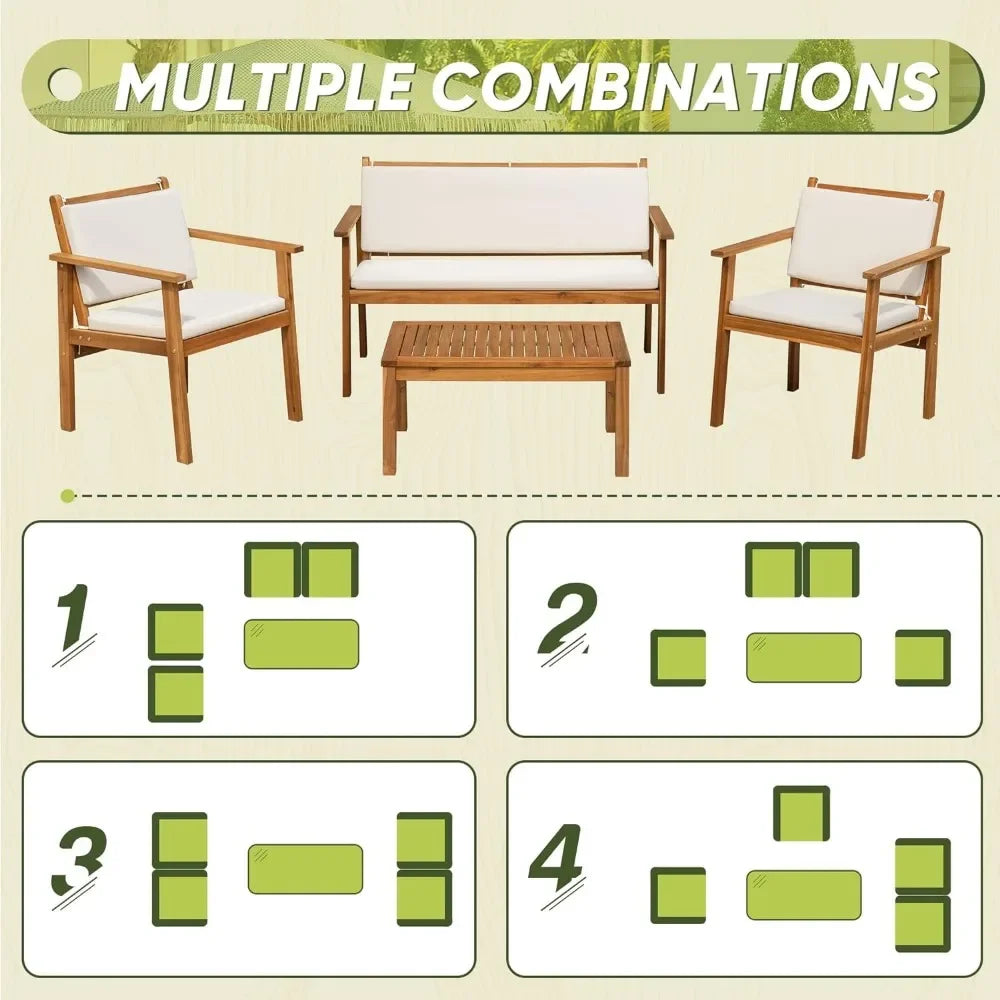 4-Piece Acacia Wood Outdoor Patio Furniture Set with Cushions & Table