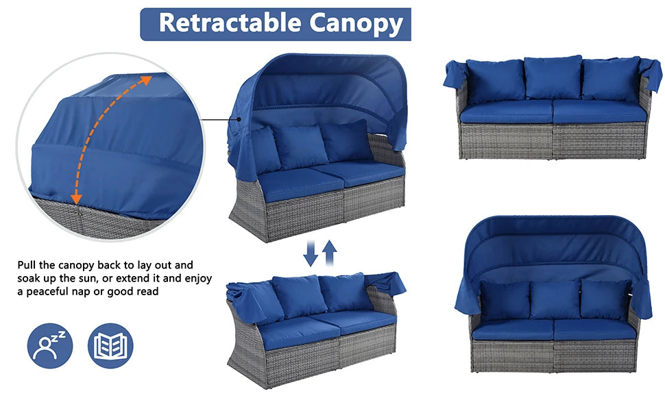 Outdoor Patio Daybed with Lift-Top Table & Retractable Canopy – Rattan Wicker Set