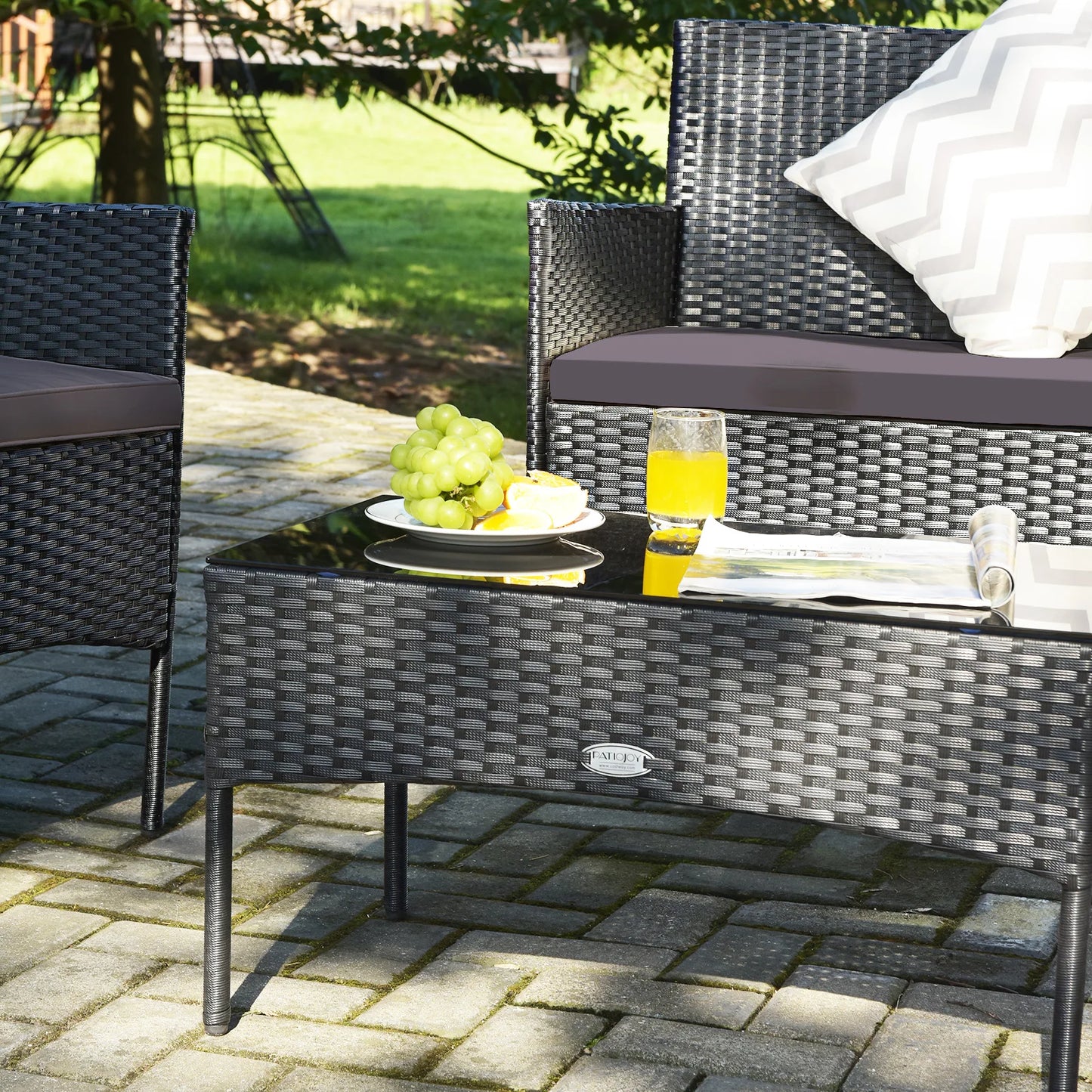 4PCS Patio Rattan Furniture Set Cushioned Sofa Coffee Table Backyard Grey