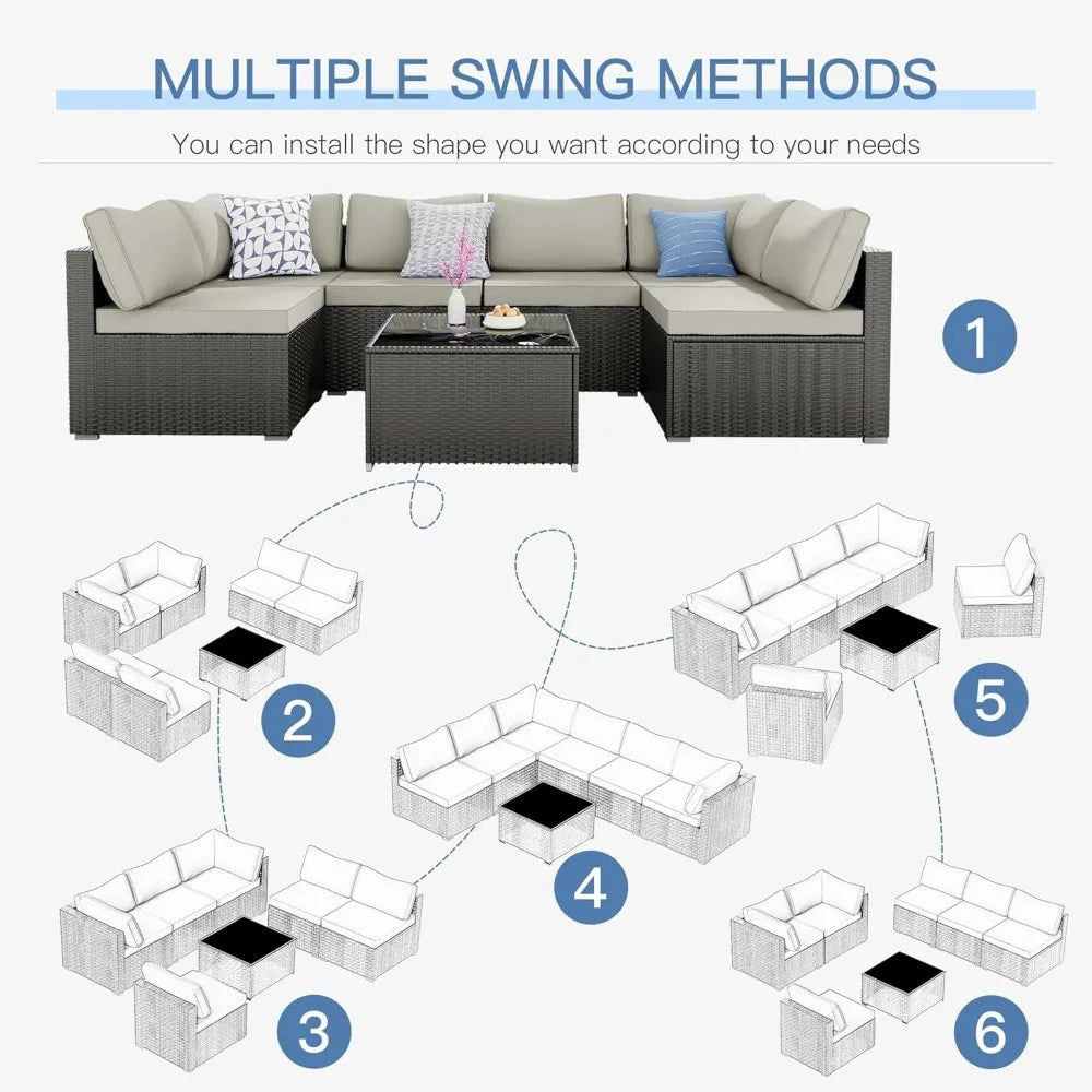 7-Piece Outdoor Wicker Patio Furniture Set with Cushions & Glass Table – ANGDUO