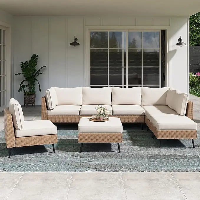 7-Piece Outdoor Sectional Sofa Set - PE Rattan Wicker, All-Weather Patio Furniture