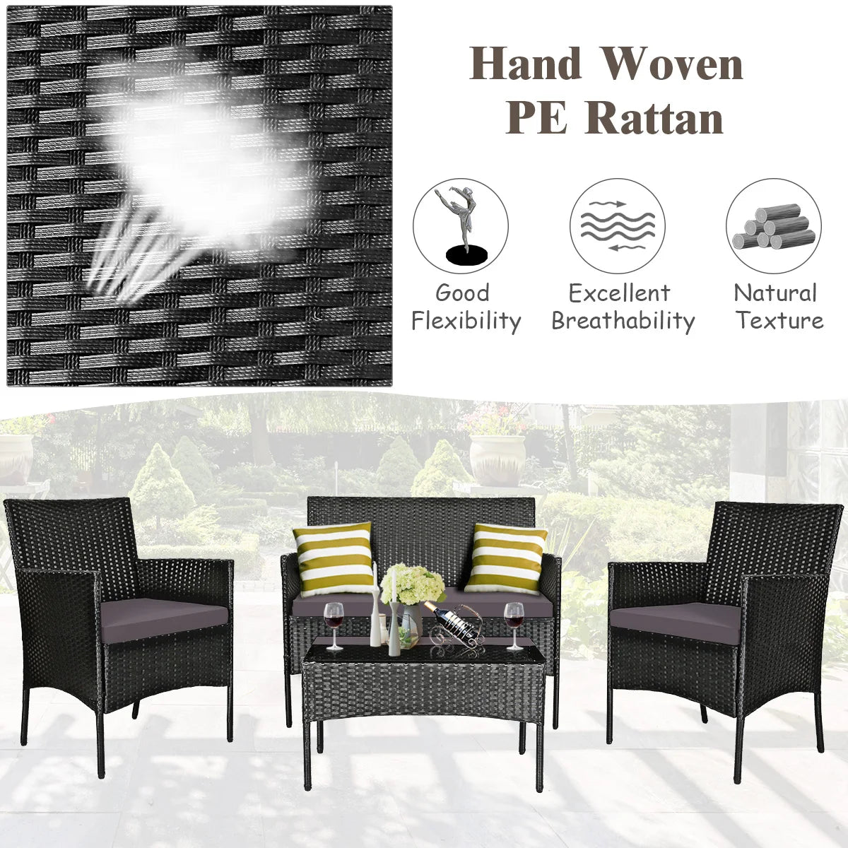 4PCS Patio Rattan Furniture Set Cushioned Sofa Coffee Table Backyard Grey