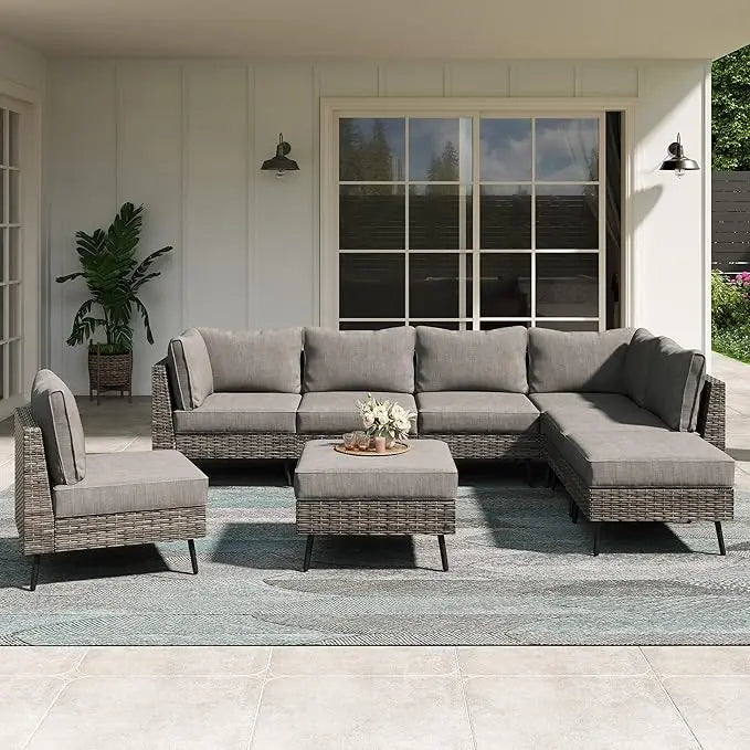 7-Piece Outdoor Sectional Sofa Set - PE Rattan Wicker, All-Weather Patio Furniture