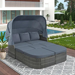 Outdoor Patio Daybed with Lift-Top Table & Retractable Canopy – Rattan Wicker Set