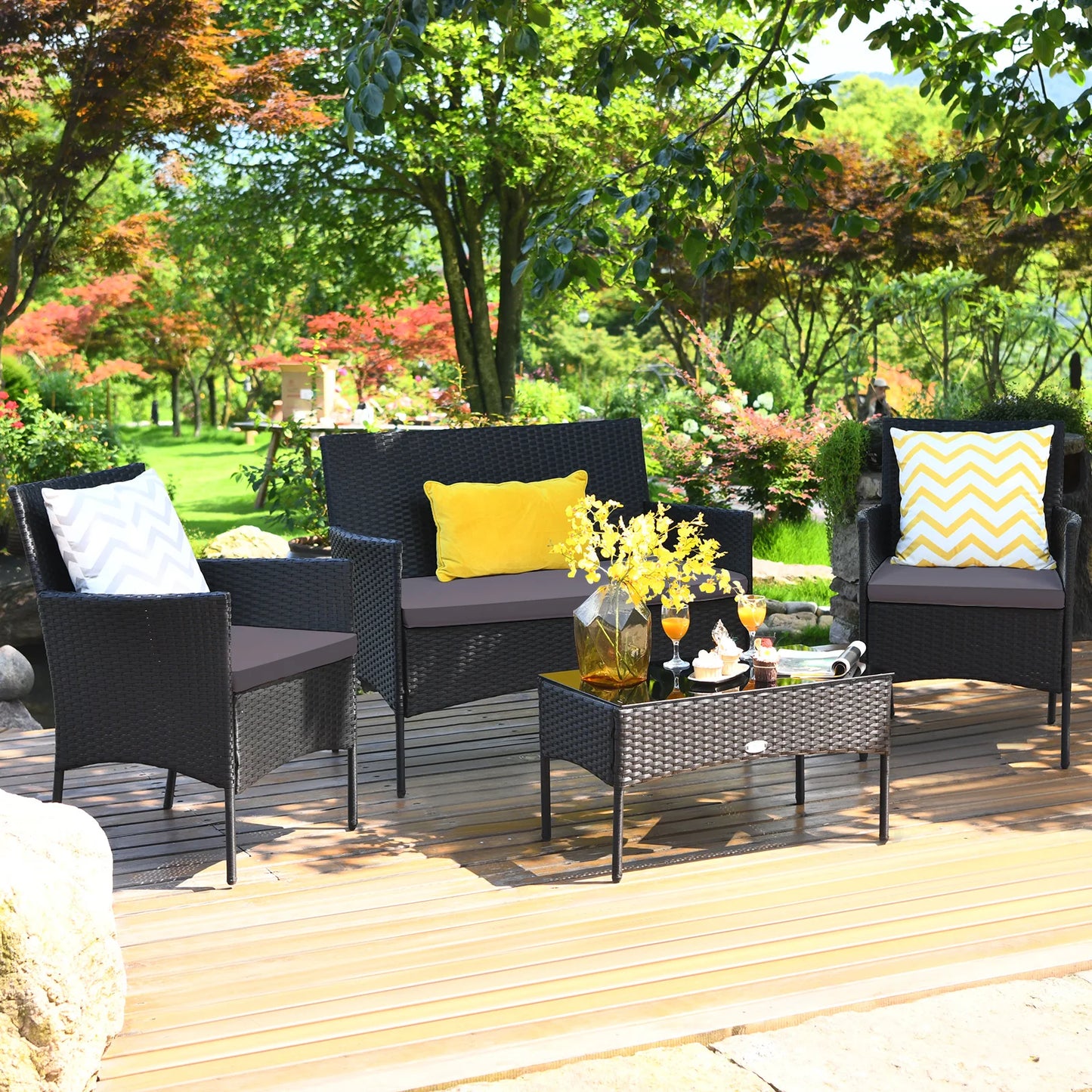 4PCS Patio Rattan Furniture Set Cushioned Sofa Coffee Table Backyard Grey