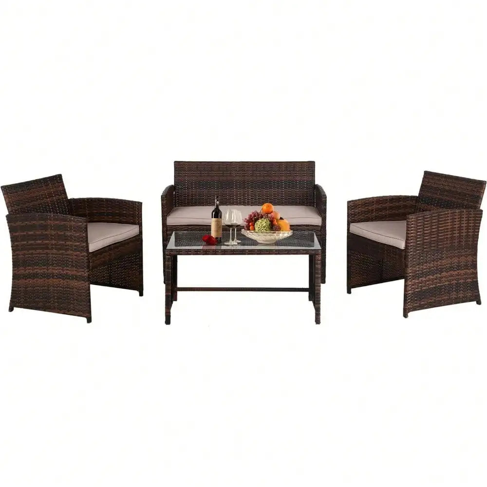 • Durable weather-resistant rattan seating set