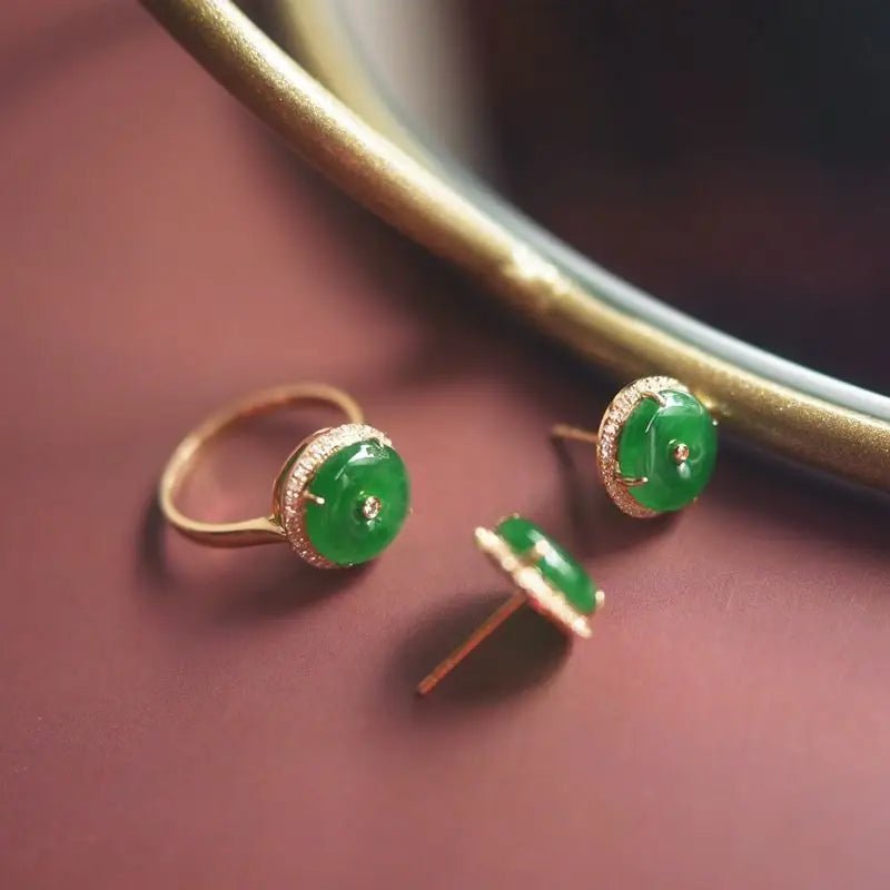 Elegant Green Chalcedony Earrings & Adjustable Ring Set - My Web Bazaar