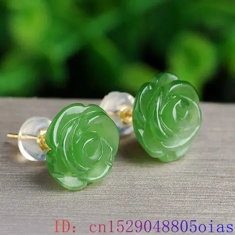 Elegant Green Jade Rose Earrings | 925 Silver Vintage Gemstone - My Web Bazaar