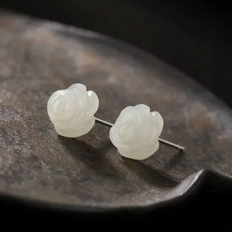 Elegant Green Jade Rose Earrings | 925 Silver Vintage Gemstone - My Web Bazaar