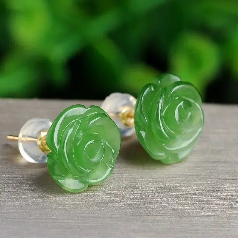 Elegant Green Jade Rose Earrings | 925 Silver Vintage Gemstone - My Web Bazaar