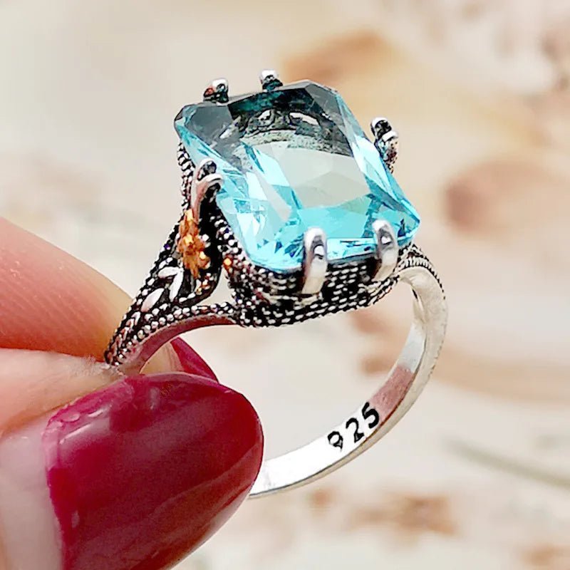 Elegant S925 Silver Ring | High Sea Blue Topaz Flower Design - My Web Bazaar