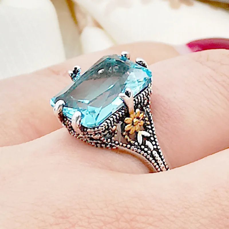 Elegant S925 Silver Ring | High Sea Blue Topaz Flower Design - My Web Bazaar