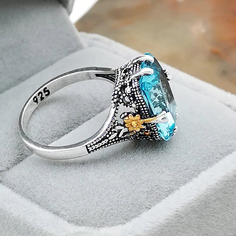 Elegant S925 Silver Ring | High Sea Blue Topaz Flower Design - My Web Bazaar