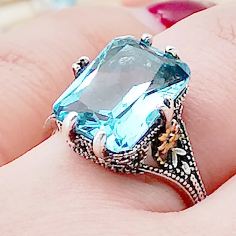 Elegant S925 Silver Ring | High Sea Blue Topaz Flower Design - My Web Bazaar