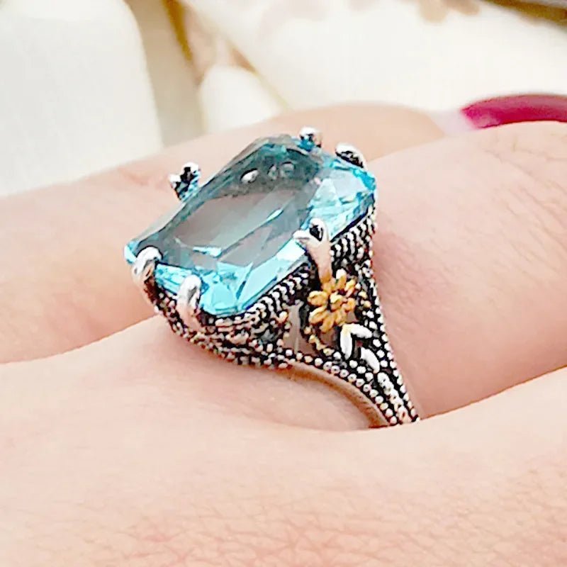 Elegant S925 Silver Ring | High Sea Blue Topaz Flower Design - My Web Bazaar