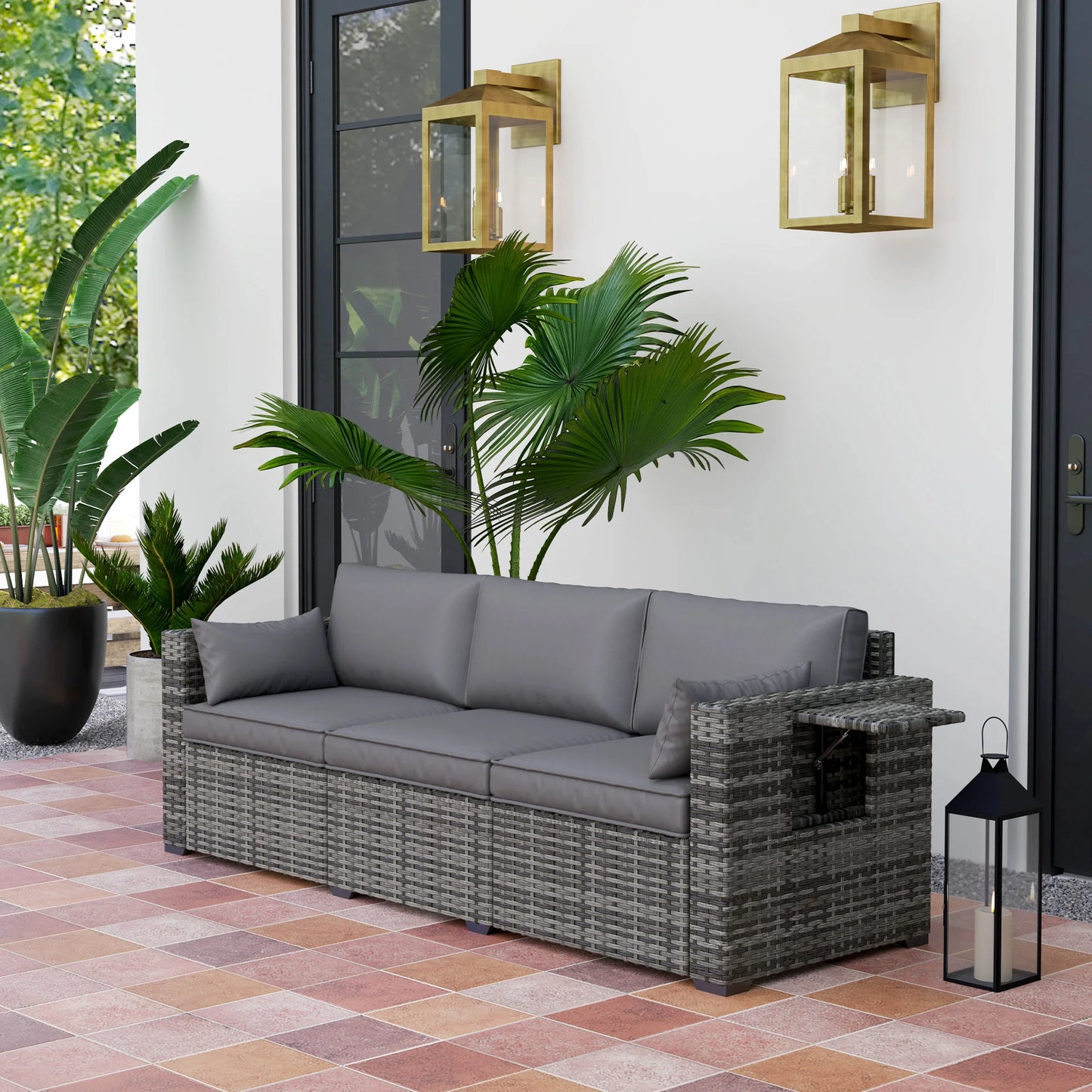 Modern outdoor couch with built-in side trays