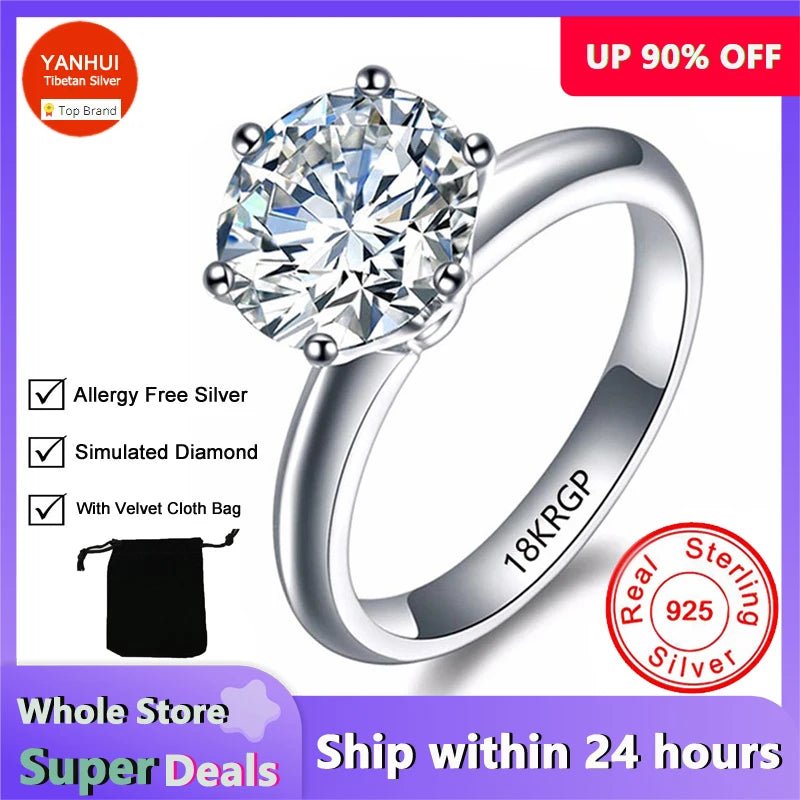 Luxury 18K White Gold Plated Silver 925 Ring | 2 Carat Zirconia - My Web Bazaar