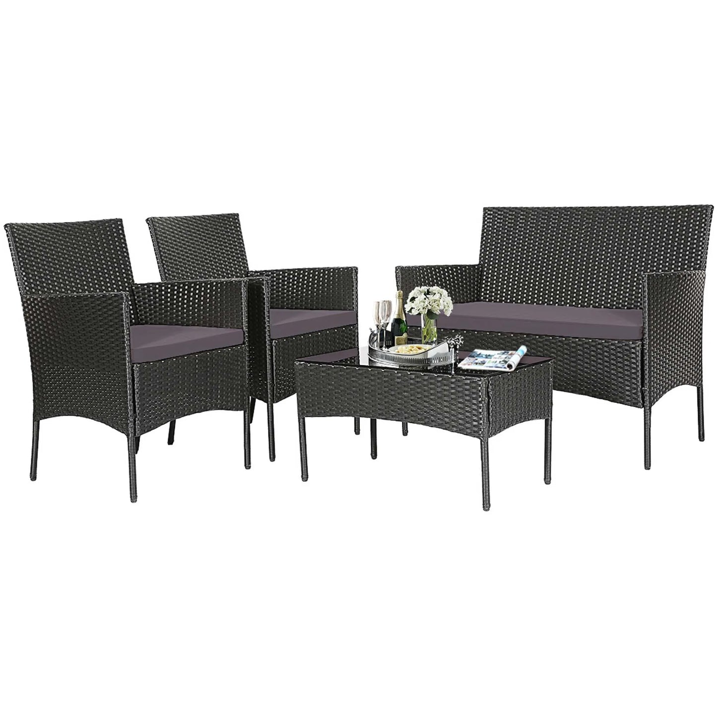 • Cushioned loveseat with glass coffee table