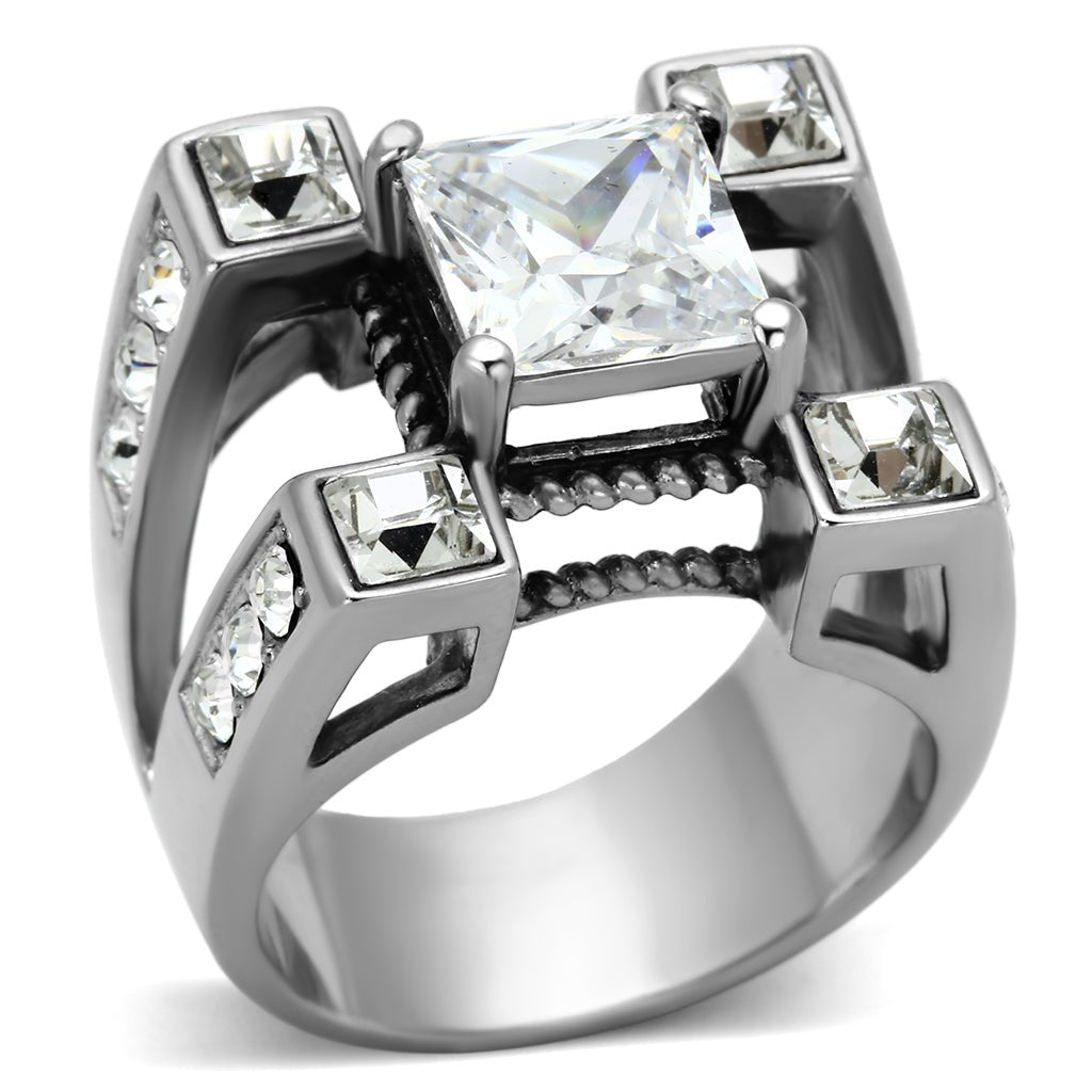 TK1072 - High polished (no plating) Stainless Steel Ring with AAA Grade CZ in Clear - My Web Bazaar