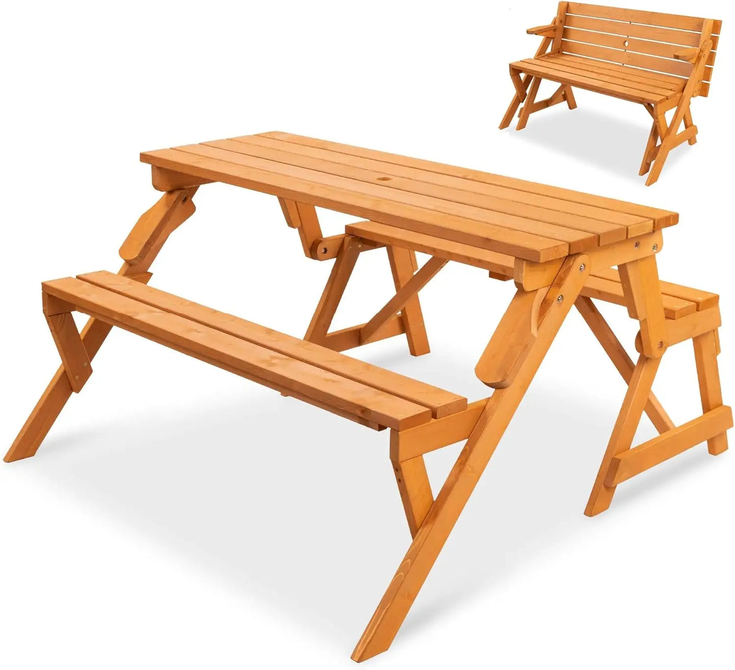 Wooden outdoor picnic table with bench