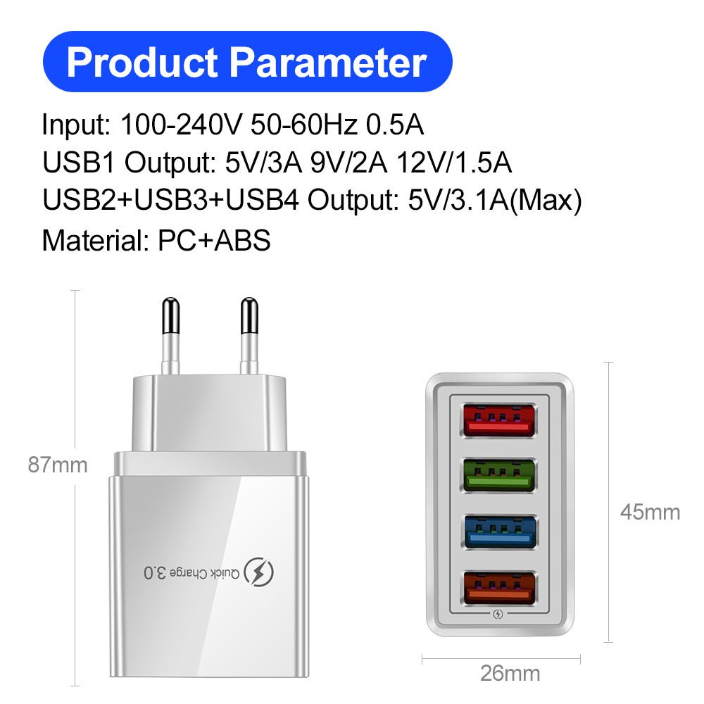USB Charger Quick Charge 3.0 4 Phone Adapter For Tablet Portable Wall Mobile Charger Fast Charger - My Web Bazaar