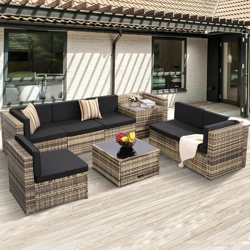 • Outdoor wicker sectional sofa with glass table
