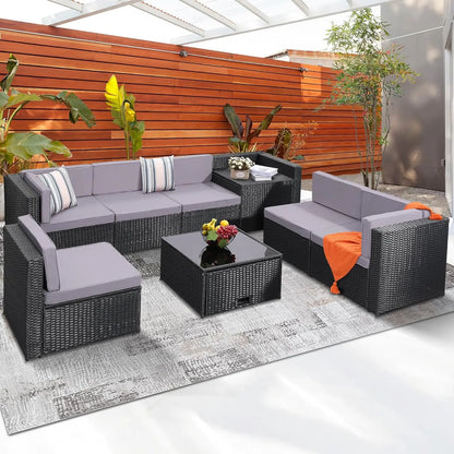 7-Piece Outdoor Wicker Patio Furniture Set with Hidden Storage & Glass Table