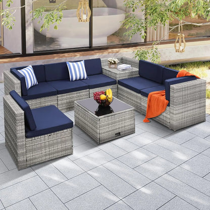 7-Piece Outdoor Wicker Patio Furniture Set with Hidden Storage & Glass Table