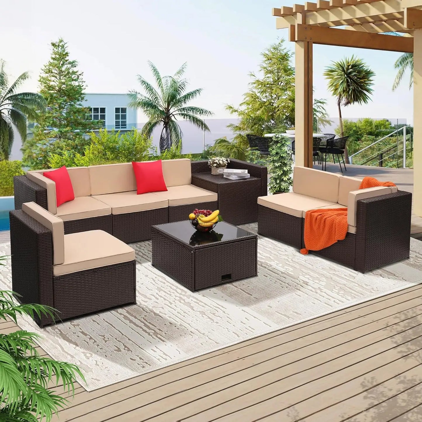 7-Piece Outdoor Wicker Patio Furniture Set with Hidden Storage & Glass Table