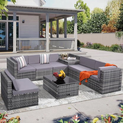 7-Piece Outdoor Wicker Patio Furniture Set with Hidden Storage & Glass Table