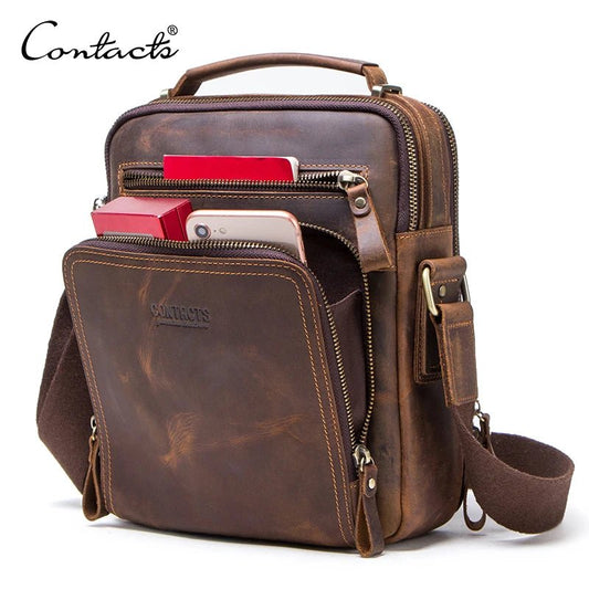 CONTACT'S Crazy Horse Leather Men's Shoulder Bag Vintage Messenger Bags - My Web Bazaar
