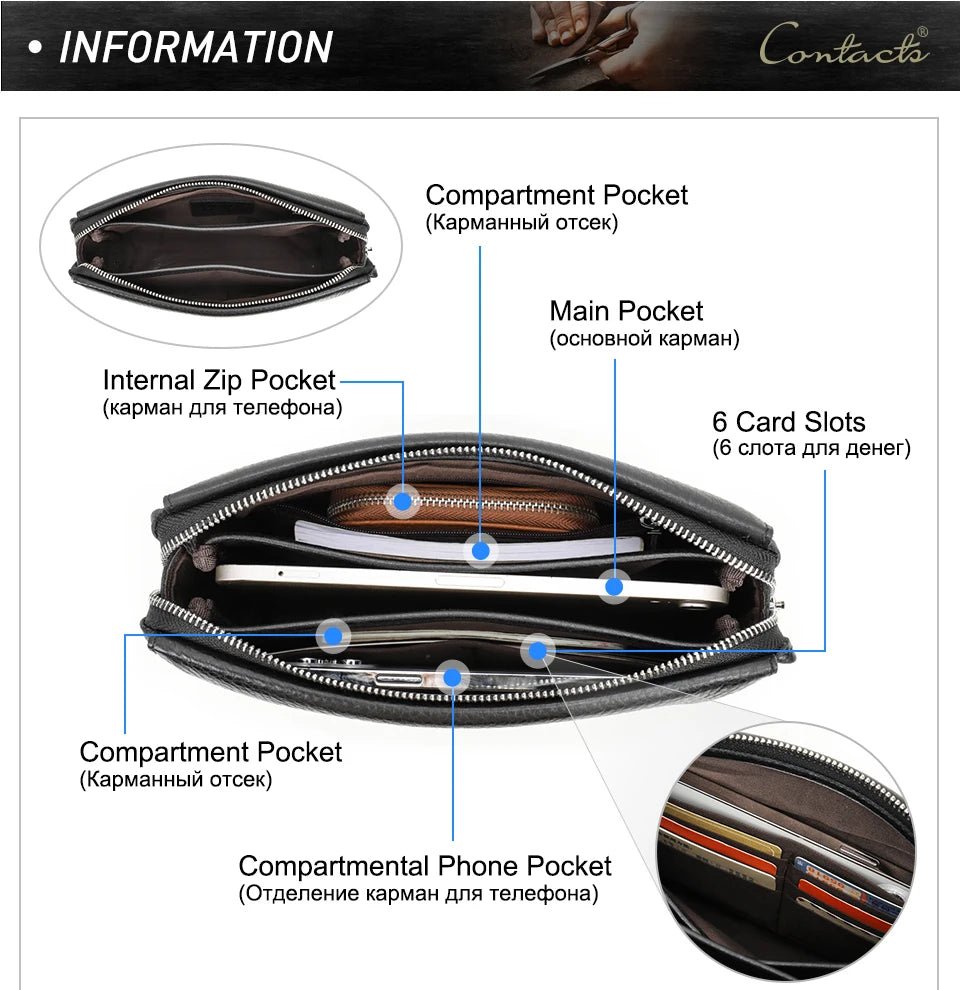 CONTACT'S Genuine Leather Male Clutch Handbag Wristlet Large Capacity Casual Wallet - My Web Bazaar